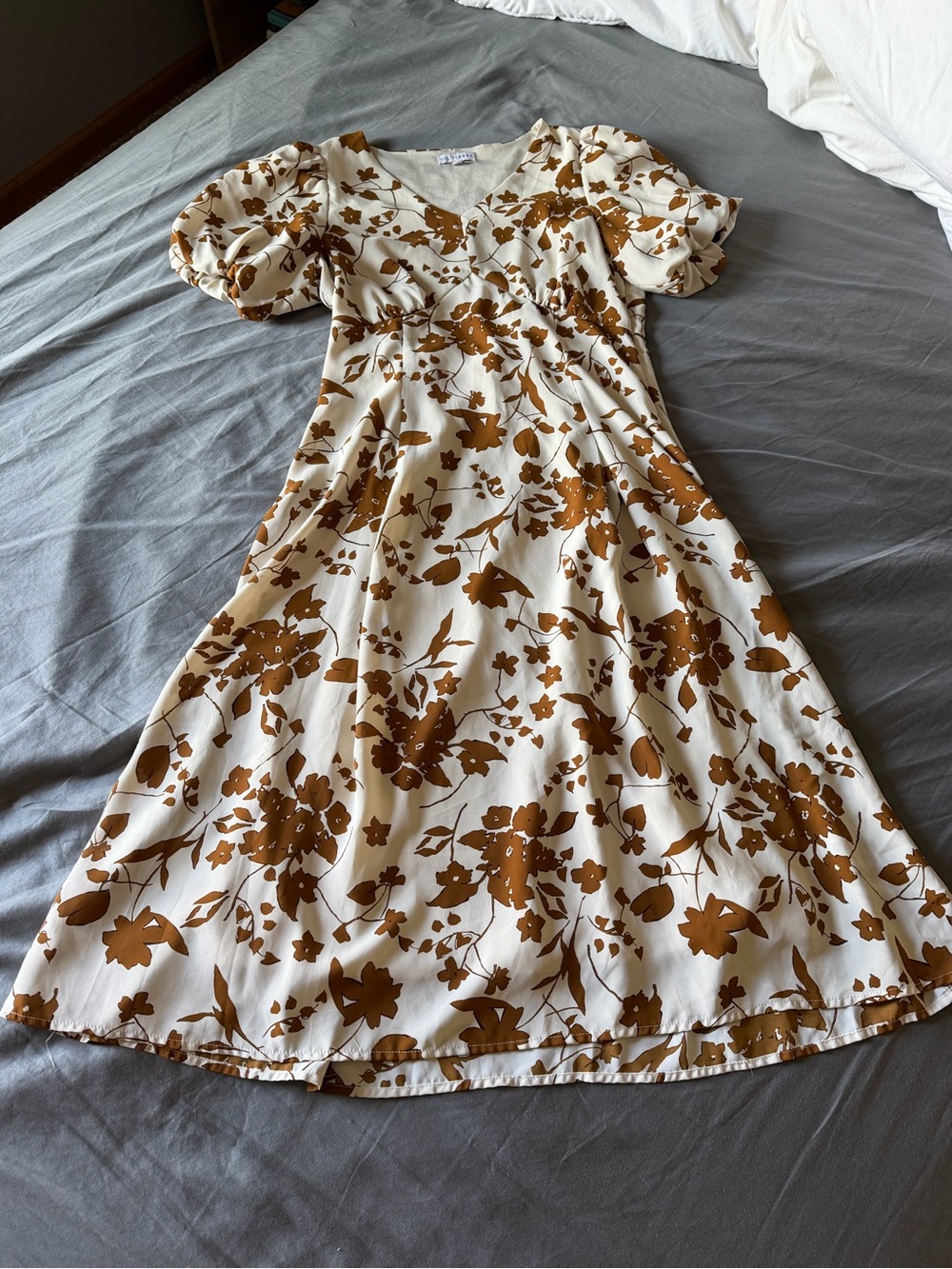 Baltic Born Adele Floral Puff-Sleeve Midi Dress in Cream and Brown